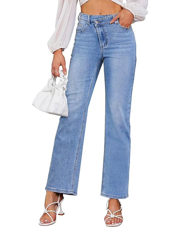 Genleck Wide Leg Jeans for Women – High Waisted Crossover Jeans Stretch Boyfriend Jeans Crisscr... | Amazon (US)