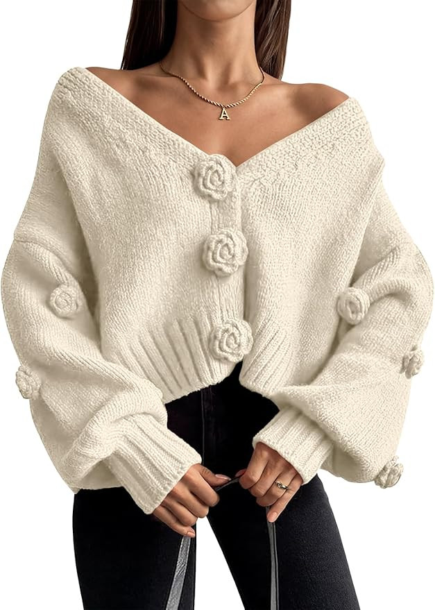 LILLUSORY Women Chunky Cropped Cardigan Sweater Fall Oversized V Neck Clothes Y2K Cozy Puff Sleev... | Amazon (US)