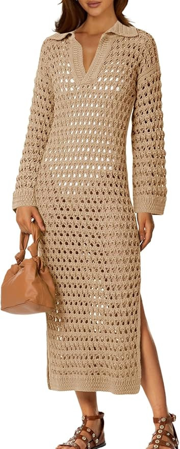 Saodimallsu Womens Crochet Swimsuit Cover Up V Neck Collared Long Sleeve Mesh Knit Long Beach Cov... | Amazon (US)