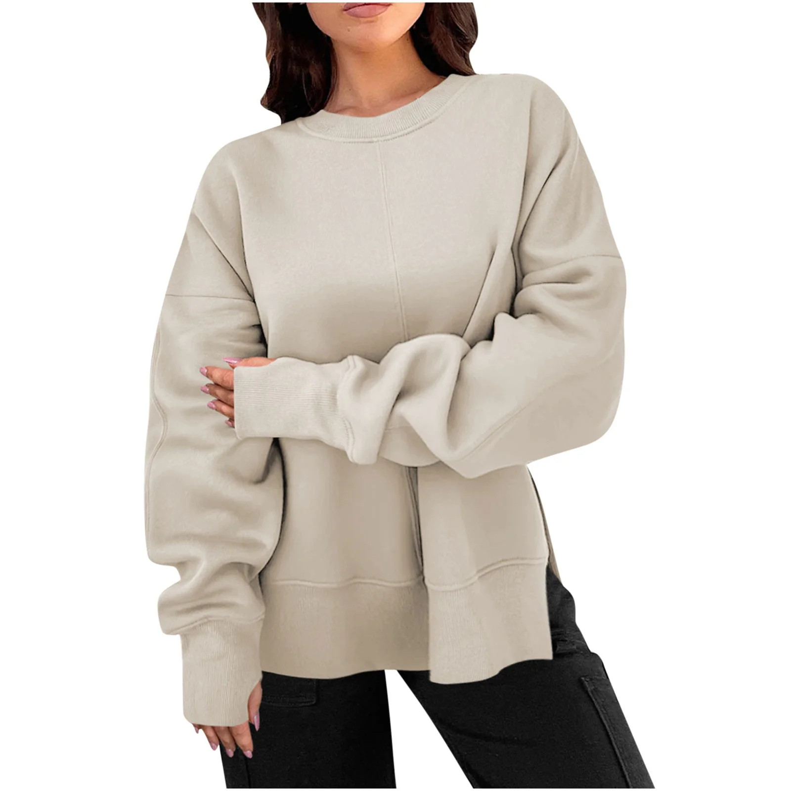 Long Sleeve Shirt for Women Round Neck Tops Oversized Side Split Sweatshirt Cotton Pullover Plain... | Walmart (US)