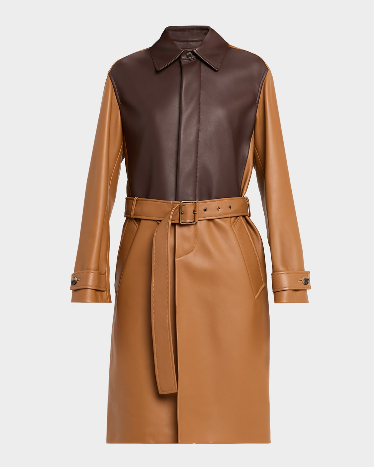 Bi-Color Leather Belted Long Trench Coat | Neiman Marcus