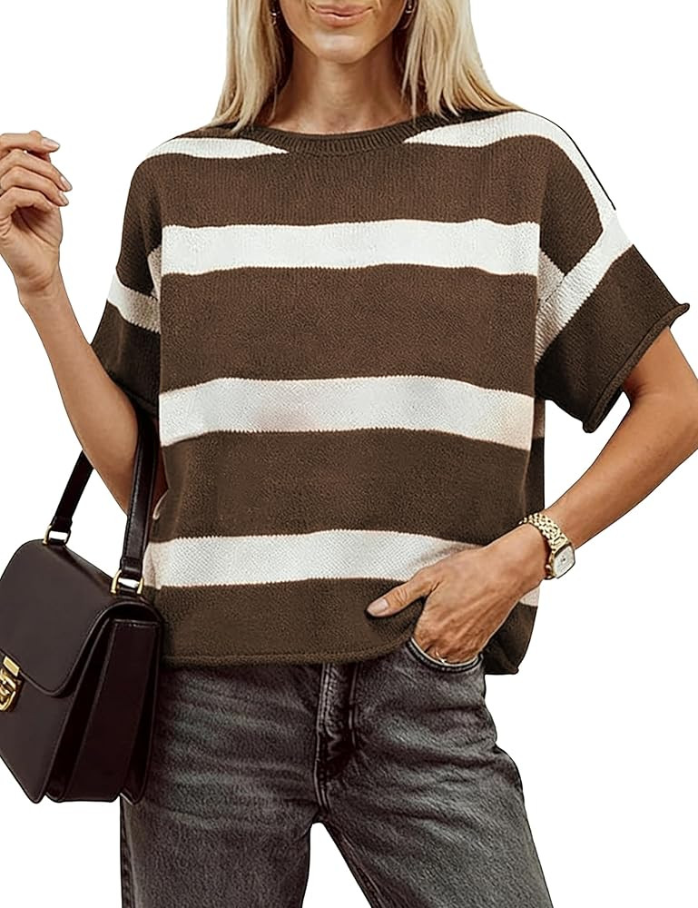 Women's Striped Knit Short Sleeve Pullover Sweater Crew Neck Drop Shoulder Rolled Cuff Relaxed Fi... | Amazon (US)