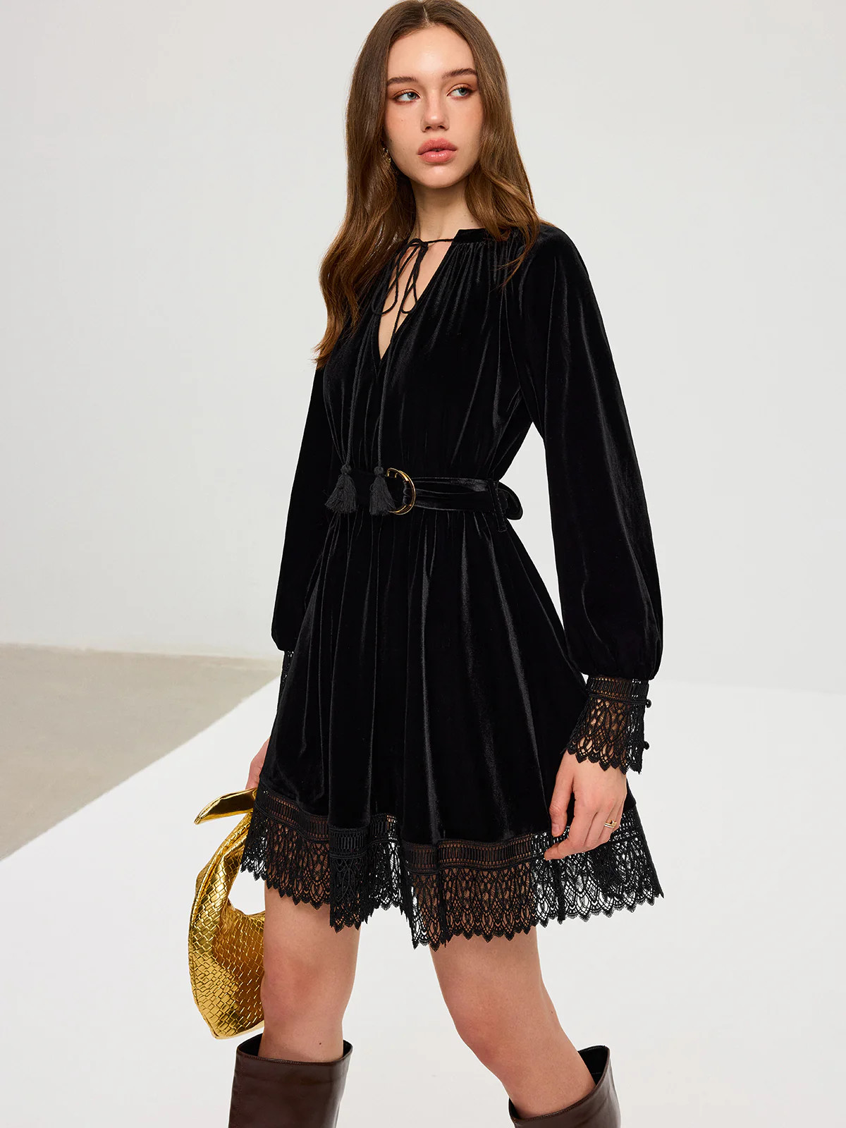 Velvet Belted Lace Trim Mini Dress | Commense