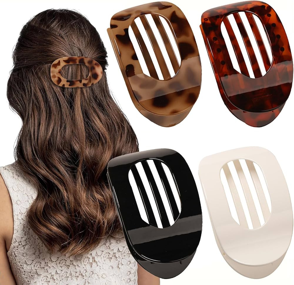 4 PCS Flat Hair Clips, Round Lay Down Hair Claw Clips for Women Girls, French Strong Hold Hair Ba... | Amazon (US)