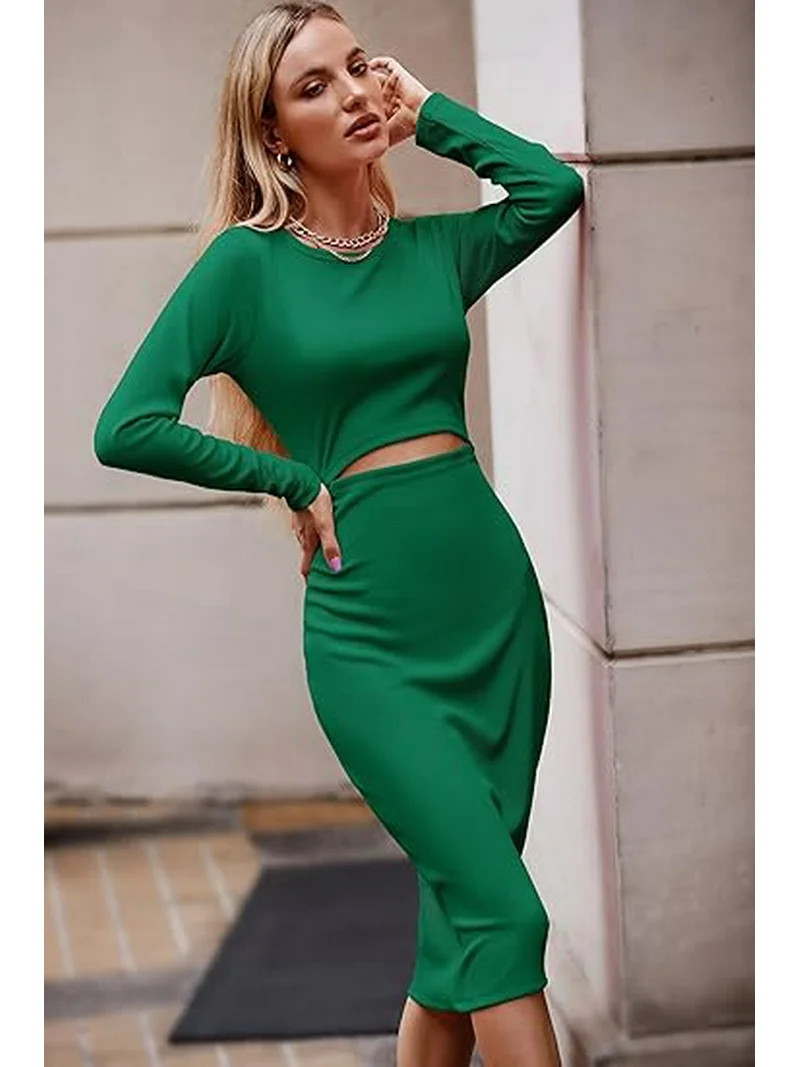 PRETTYGARDEN Women's Long Sleeve Midi Bodycon Dresses Casual Crewneck Cut Out Ribbed Knit Fitted ... | Walmart (US)