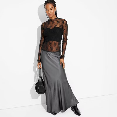 Women's Long Sleeve Mock Turtleneck Lace Shirt - Wild Fable™ Black L | Target