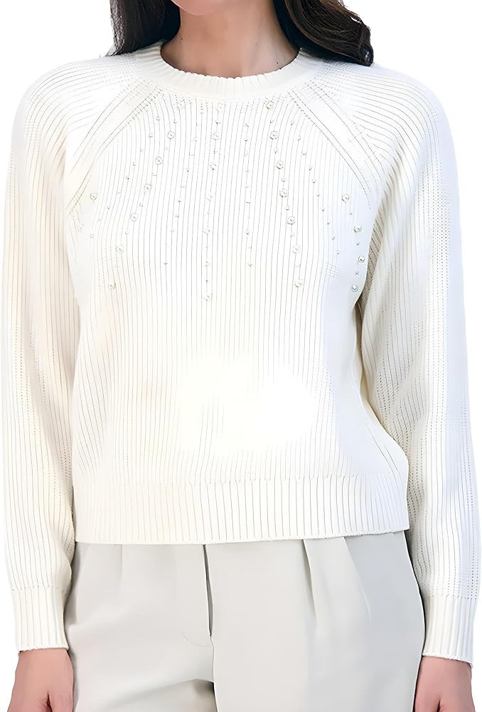 French Connection Women’s Pearl Embellished Sweater - Long Sleeve Crewneck Pullover Knit Fashio... | Amazon (US)