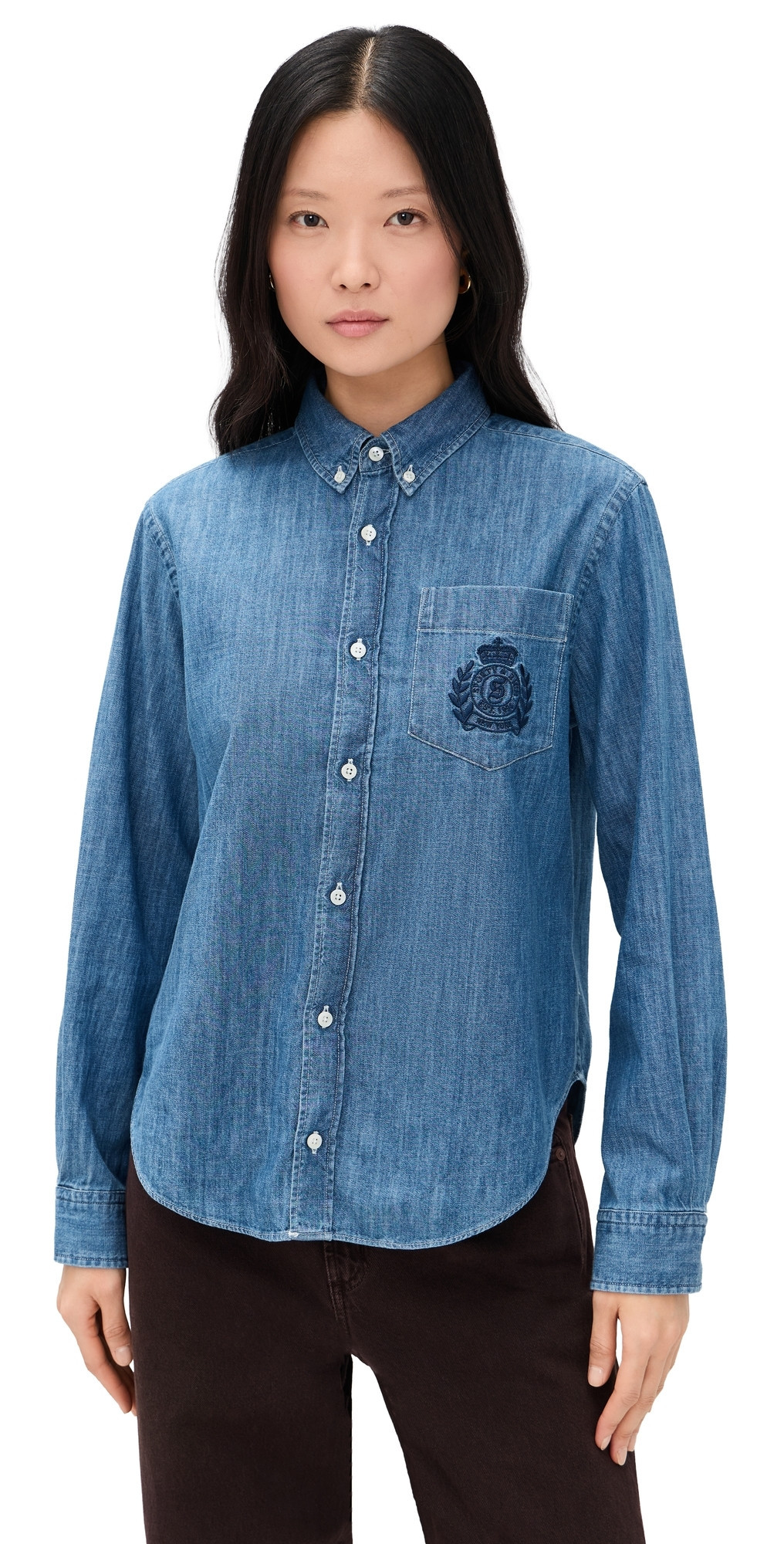 Sporty & Rich NY Crest Oversized Denim Shirt Light Blue S | Shopbop