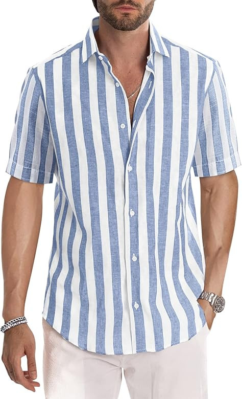 JMIERR Men's Casual Stylish Short Sleeve Button-Up Striped Dress Shirts Cotton Shirt | Amazon (US)