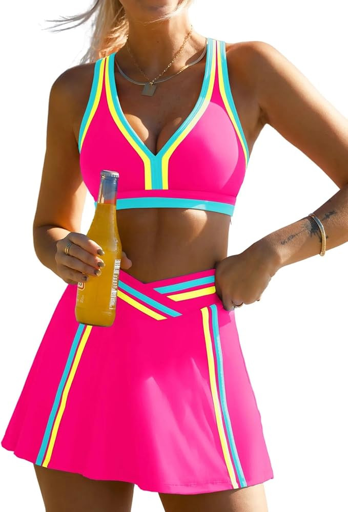 popvil Women 3 Piece Swimsuits 2026 High Waisted Bikini Sets with Skirt Neon Sporty Tummy Control... | Amazon (US)