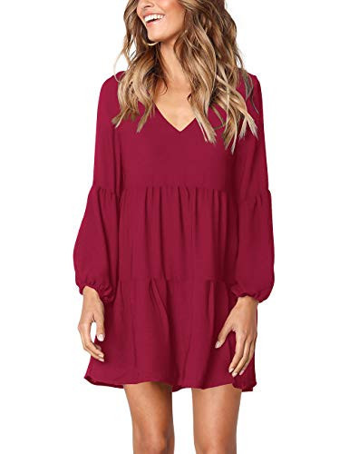 FOWSMON Women's Pleated Swing Summer Casual Long Sleeve V Neck Tunic Dress Burgundy XL | Amazon (US)