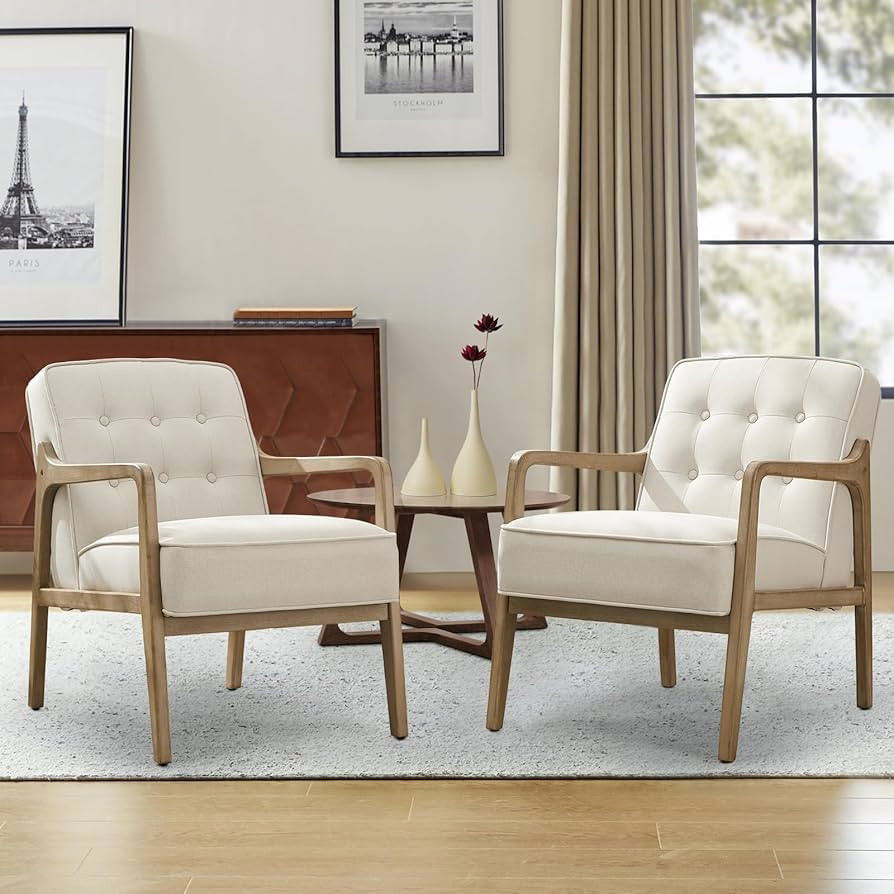 Linen Accent Chair Set of 2, Mid Century Modern Chair for Living Room, Upholstered Comfy Lounge A... | Amazon (US)