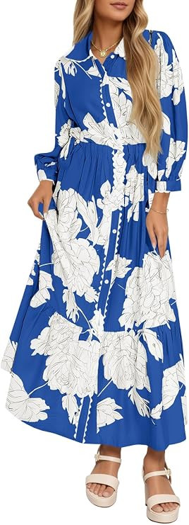 Wenrine Womens Maxi Shirt Dress Floral Long Sleeve Button Down Boho Dresses | 3/4 Sleeve, Collare... | Amazon (US)