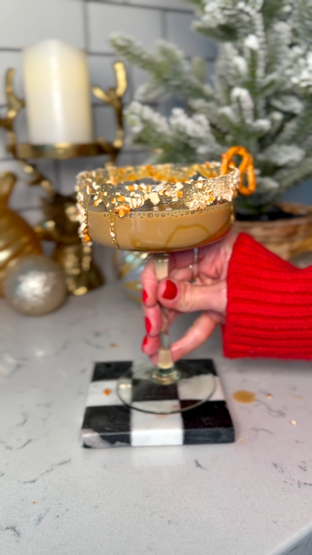 Salted Caramel Espresso Martini
2oz Caramel Vodka
1.5oz Salted Caramel Baileys
2oz Espresso
Caramel Sauce
Pretzels 

#LTKOver40 #LTKHoliday #LTKCyberWeek