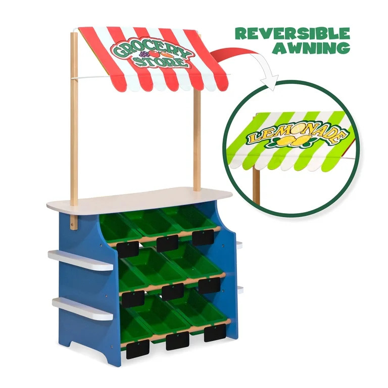 Melissa & Doug Wooden Grocery Store and Lemonade Stand Activity Center - Reversible Awning, 9 Bin... | Walmart (US)