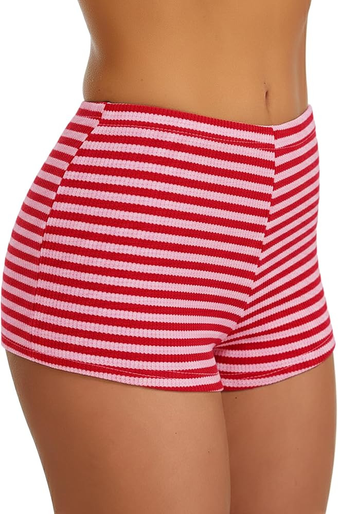 Womens Stripe Knit Micro Booty Shorts Cute Low Rise Mini Boxer Sleep Lounge Pajama Shorts | Amazon (US)