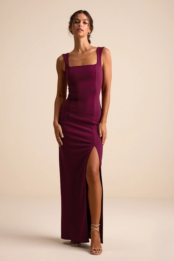 Inspiring Allure Burgundy Square Neck Column Maxi Dress Burgundy Formal Dress Wedding Guest Outfits | Lulus