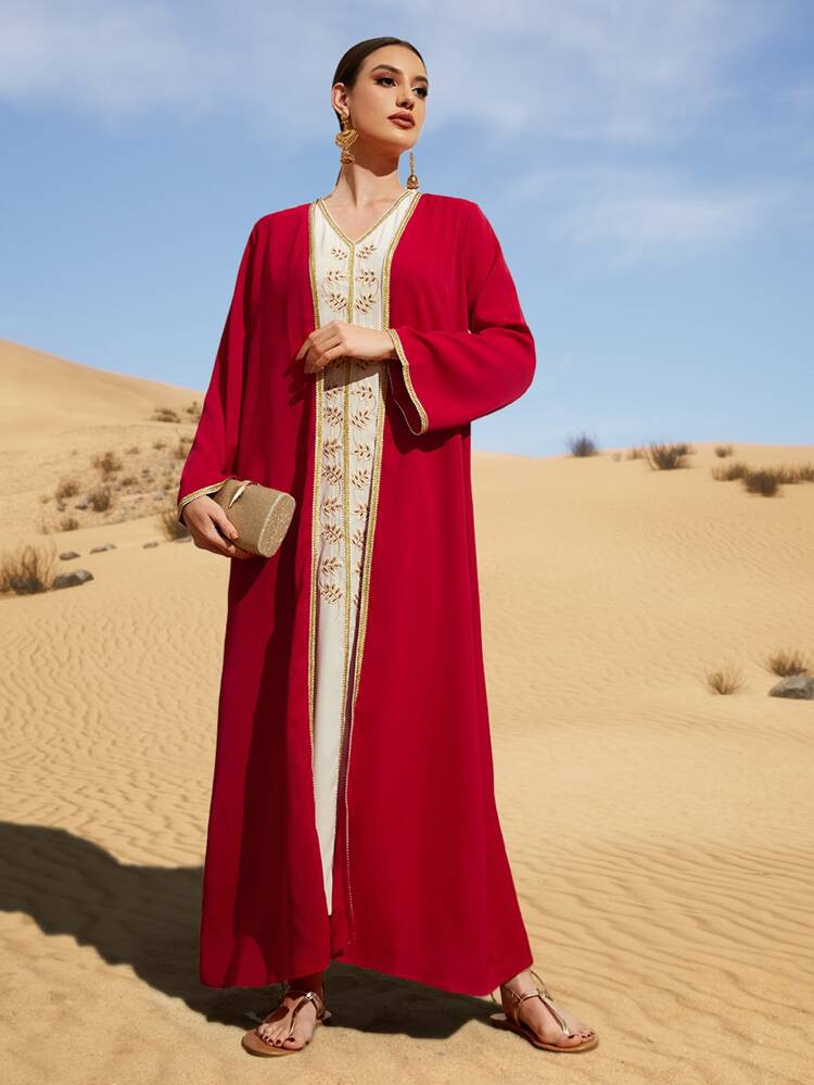 Contrast Trim Open Front Coat & Floral Embroidery Dress | SHEIN