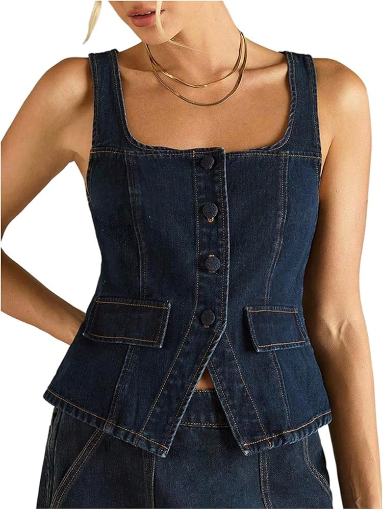 MakeMeChic Women's Denim Tops Square Neck Button Down Sleeveless Going Out Y2k Jean Tank | Amazon (US)