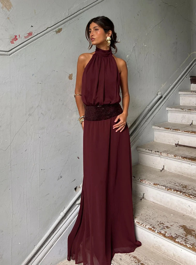 Darwinn Drop Waist Sequin Detail Maxi Dress Burgundy | Princess Polly US