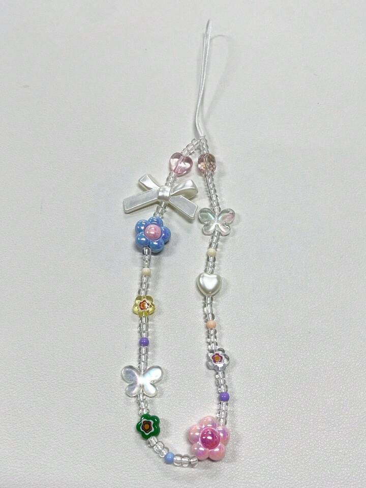 Handmade Crystal Beaded Short Pendant With Colorful Flower Beads, Bowknot And Phone/Camera Lanyar... | SHEIN