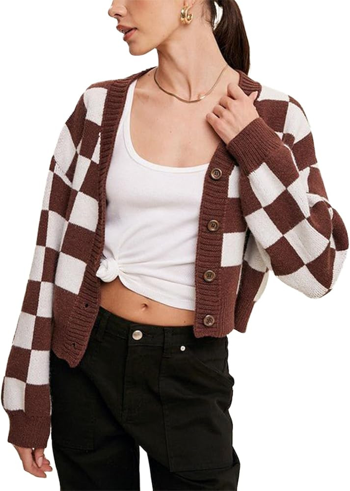 Women Plaid Cardigan Sweater Knitted Long Sleeve Button Down V Neck Sweater Casual Cropped Jacket... | Amazon (US)