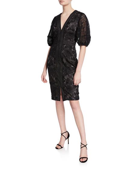 Badgley Mischka Collection V-Neck Blouson-Sleeve Lace Sheath Dress | Neiman Marcus