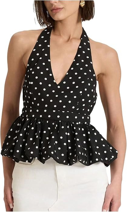 WDIRARA Women's Polka Dots Halter Tops V Neck Sleeveless Tie Backless Ruffle Babydoll Tops | Amazon (US)