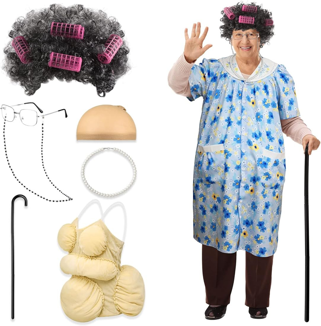 Yaomiao 8Pcs Old Lady Costume Set for Women Fat Suits Grandma Dress Suits Short Sleeve Robe Grann... | Amazon (US)