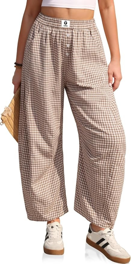 TARSE Gingham Pants Women Barrel Loose Wide Leg Checkered Casual Linen Plaid Trousers with Pocket... | Amazon (US)
