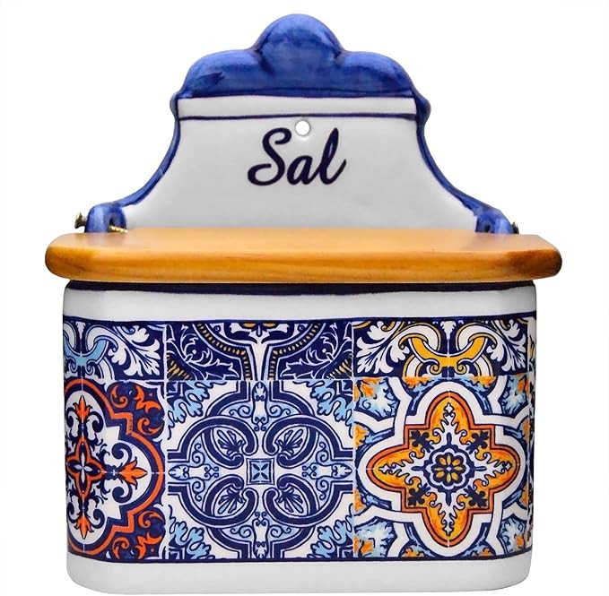Alcoa Arte Portuguese Pottery Alcobaça Ceramic Decorative Salt Cellar with Lid for Kitchen (Blue... | Amazon (US)