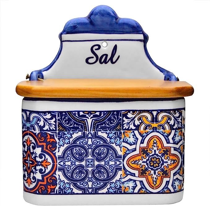 Alcoa Arte Portuguese Pottery Alcobaça Ceramic Decorative Salt Cellar with Lid for Kitchen (Blue... | Amazon (US)
