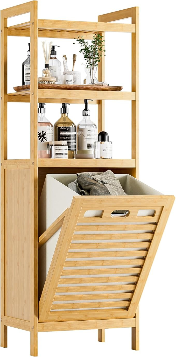 HITNET Tilt Out Laundry Hamper, Bamboo Laundry Basket with Foldable Bag and 3 Open Shelves, Frees... | Amazon (US)