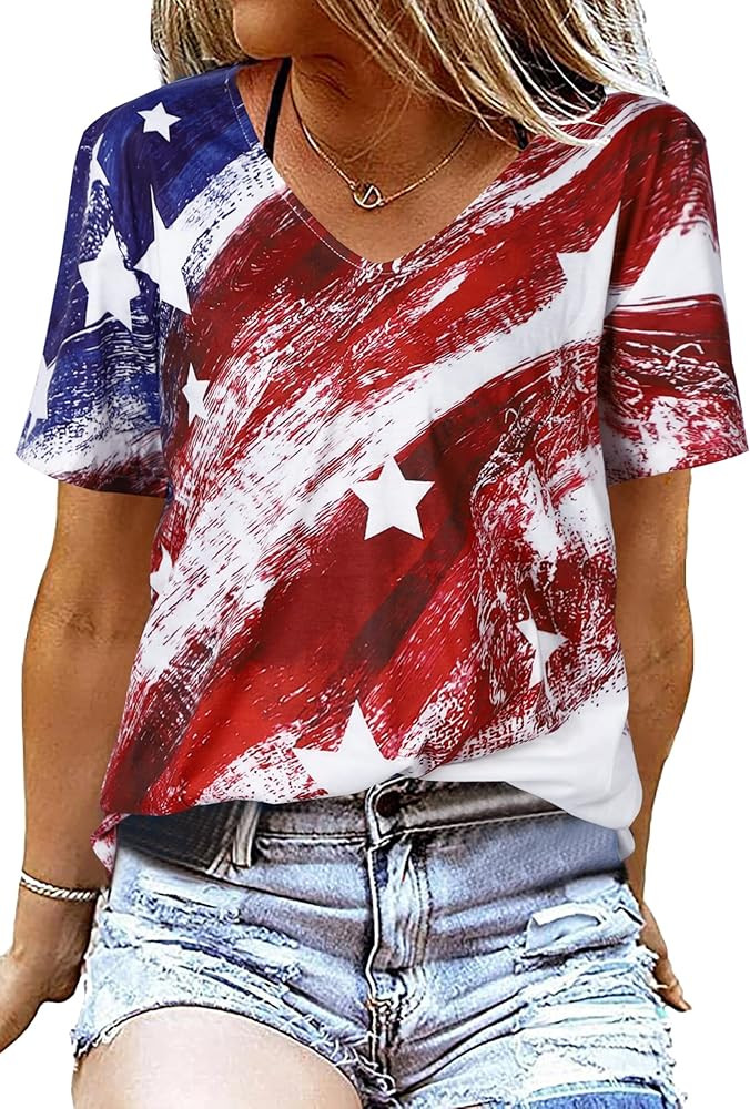 American Flag T Shirt Women USA Star Stripes Fourth July Tee Shirts Casual America Flag Print V N... | Amazon (US)