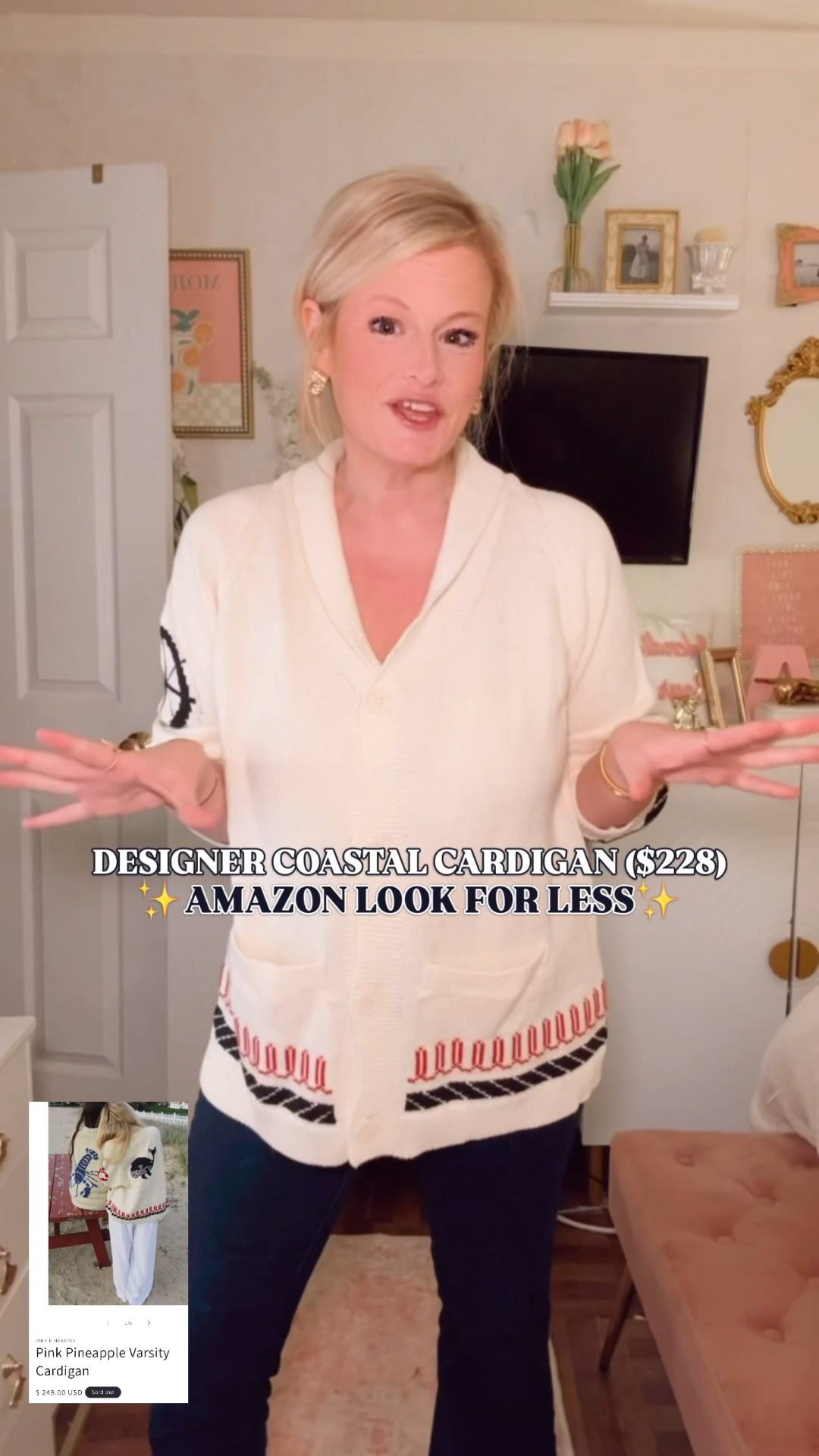 The Pink Pineapple Varsity Cardigan Is $228. This One Is a Fraction of That on Amazon.

The nautical intarsia knit. The fish graphic on the back. The stripe detail at the hem and cuffs. The kind of piece that immediately reads New England summer and costs accordingly at $228.

This one has the whole DNA for a fraction of that. Same oversized silhouette. Same intarsia fish graphic across the back. Same detail on the sleeve. Same shawl collar and button front. Two front pockets. 60% cotton, 40% acrylic so it’s soft and substantial with real knit structure.

Throw it over a swimsuit off the boat. Over a sundress at the harbor. Over jeans for every errand in between. Runs relaxed so size down if between sizes. I am in a medium.

Pink Pineapple cardigan dupe, Pink Pineapple look for less, nautical cardigan women, fish cardigan, fish sweater women, graphic cardigan women, novelty cardigan women, intarsia knit cardigan, New England outfit, New England summer outfit, New England preppy, Martha’s Vineyard outfit, Nantucket style, nautical outfit women, coastal grandmother outfit, coastal aesthetic outfit, old money cardigan, quiet luxury cardigan, yacht style outfit, preppy cardigan women, preppy summer outfit, oversized cardigan women, summer cardigan women, vacation cardigan, resort wear cardigan, Amazon fashion finds, spring outfits women, affordable cardigan women

#LTKFindsUnder100 #LTKFindsUnder50 #FisjSweater #LookForLess #NewEnglandSummer #PreppyStyle #FlagSweater 

#LTKTravel #LTKSeasonal #LTKWorkwear