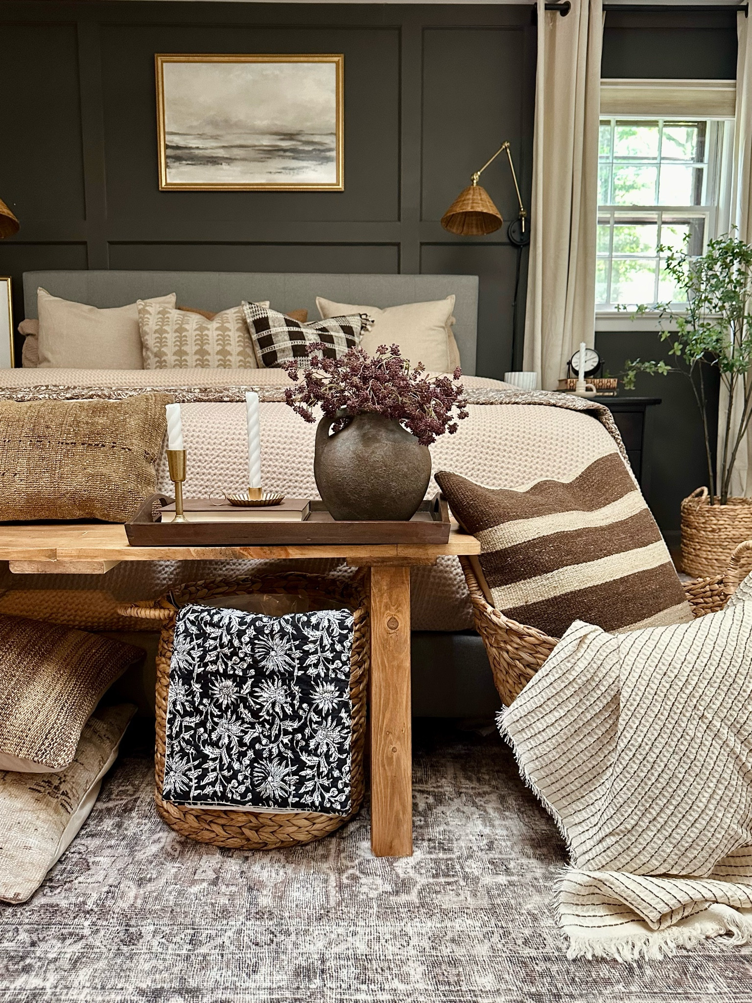 Bedroom ideas, guest bedroom, master bedroom, primary bedroom, moody bedroom, kantha quilt, waffle quilt, basket, throw pillow, bedding, blanket, loloi rug, wall art, sconce. 

#LTKFind #LTKsalealert #LTKhome