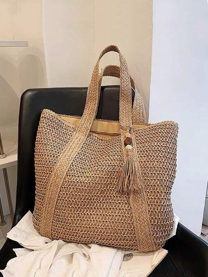 New Seaside Travel Vacation Large Capacity Straw Tote Bag French Fashion Simple Casual Versatile ... | SHEIN