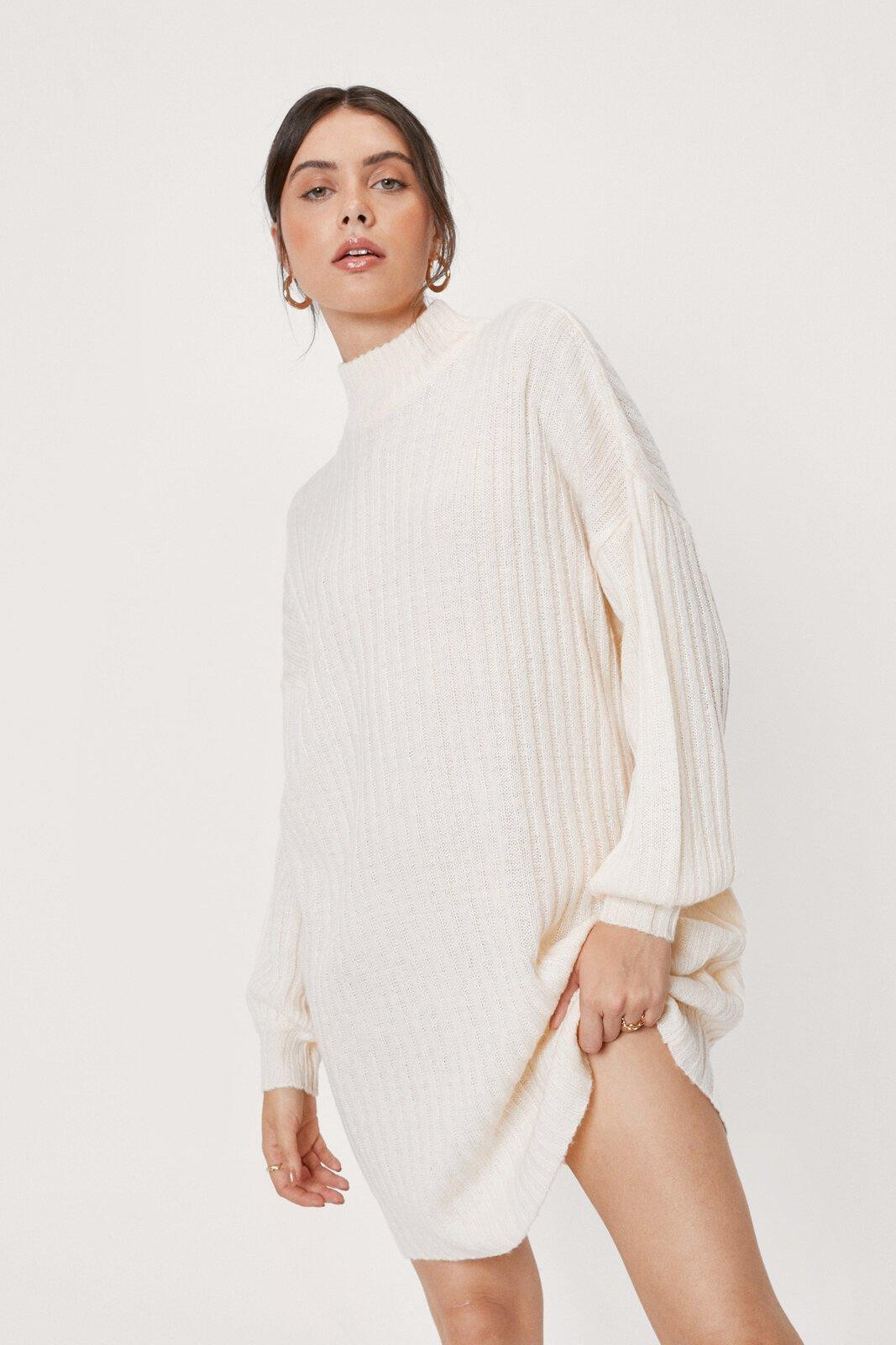 Womens Wide Ribbed Soft Knit Mini Sweater Dress - Cream - M | Nasty Gal (US)