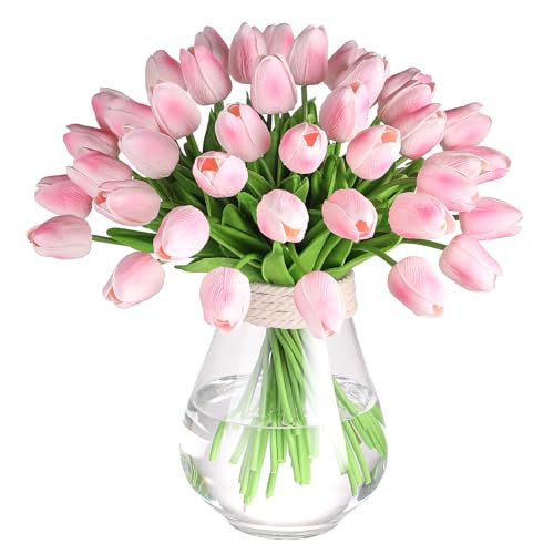 30 Pcs Artificial Tulips PU Faux Flowers, Pink Real Touch Fake Tulips for Valentine's Day Spring Easter Home Kitchen Wedding Decorations and New Year Decor | Amazon (US)