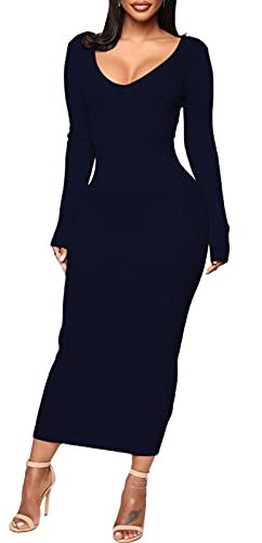 BestGirl Women's Sexy Ribbed Sweater Dresses Bodycon V Neck Off Shoulder Long Sleeve Lightweight Knit Midi Dress Navy | Amazon (US)