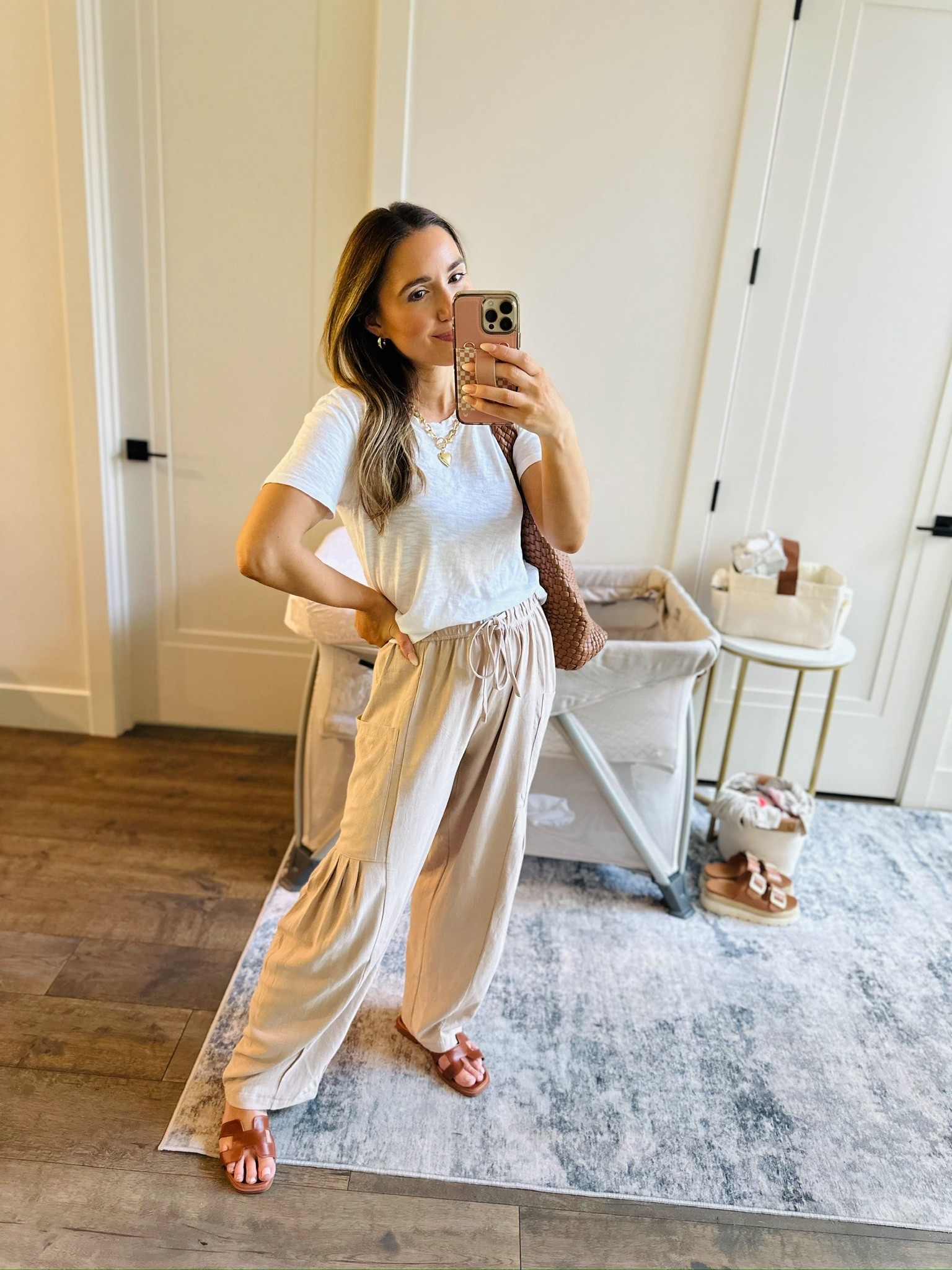 Comfy neutral spring and summer outfit. These pants are incredibly comfortable!! Flowy, soft linen blend- chefs kiss! Trendy free people inspired look. 
I’m wearing xs in pants and white tee! 

#LTKPetite #LTKgrwm #LTKootd