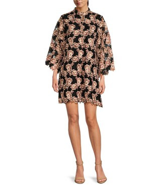 J.Marie Talia Floral Lace Mandarin Collar Bell Mid Sleeve Shift Above the Knee Dress | Dillard's | Dillard's