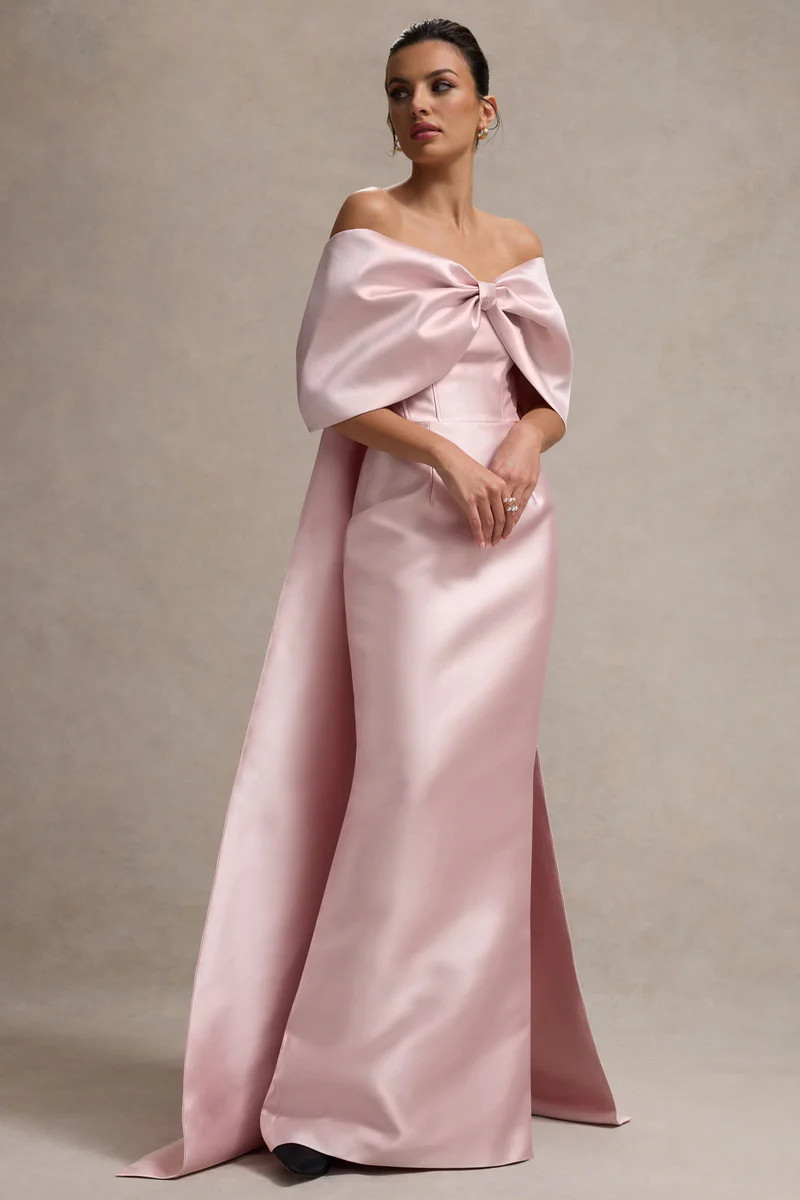 Wanting More  Pink Satin Cape Maxi Dress With Oversized Bow | Club L London