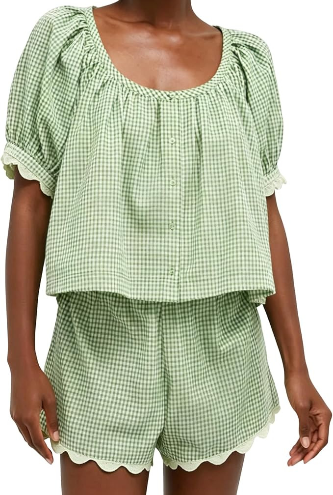 Amazon.com: VAOYIU Two Piece Sets for Women Casual Summer Gingham Outfit Puff Sleeve Crew Neck To... | Amazon (US)