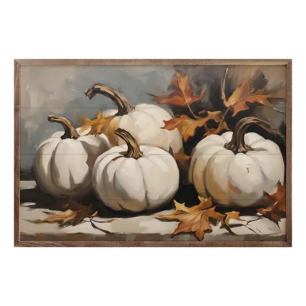 Four White Pumpkins With Leaves Framed Wall Art | Antique Farm House
