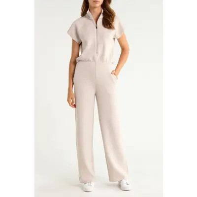 SPANX® Pintuck Half Zip Jumpsuit in Bone Heather at Nordstrom, Size Large | Nordstrom