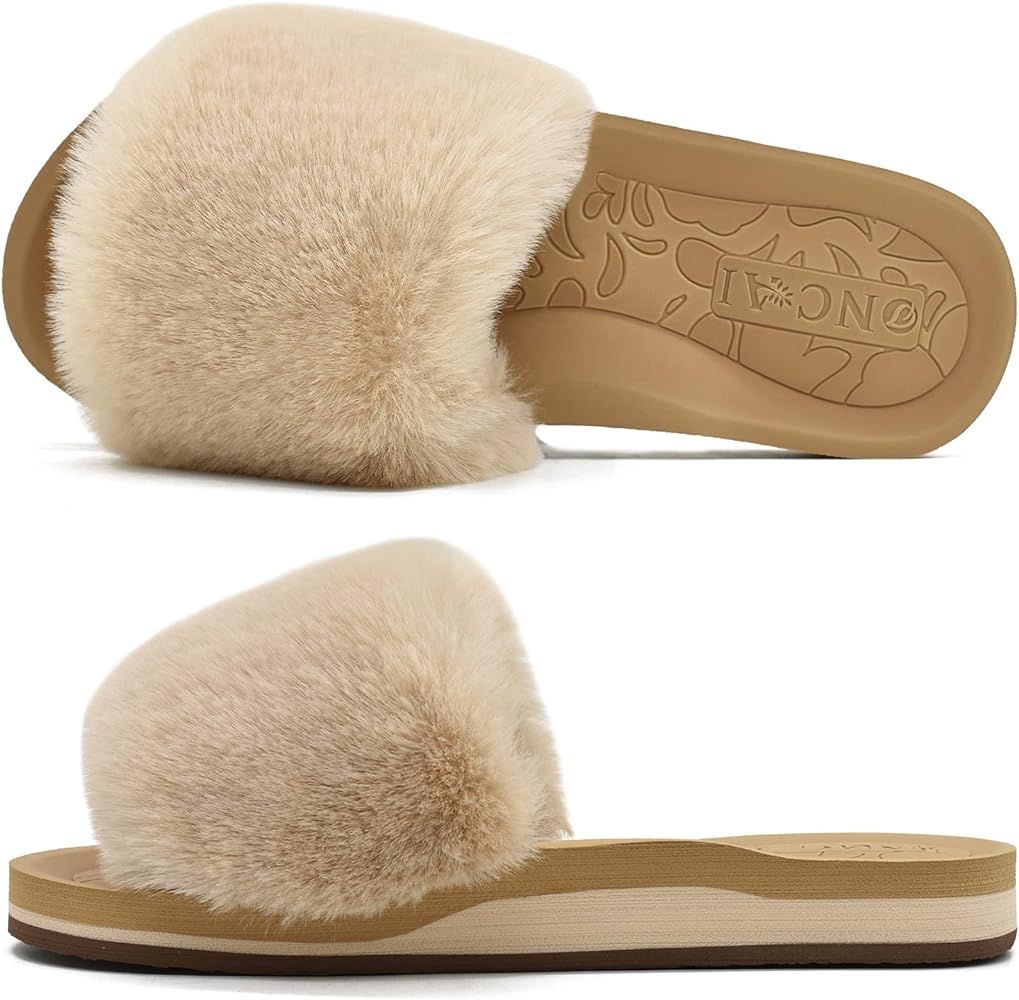ONCAI Womens Fluffy Slides Open Toe Faux Fur Slippers With Cushion Arch Support Yoga Mat Size 5-11 | Amazon (US)