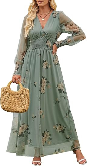ANRABESS Women's Floral Maxi Dress 2025 Fall V Neck Puff Long Sleeve Flowy Casual Wedding Guest T... | Amazon (US)