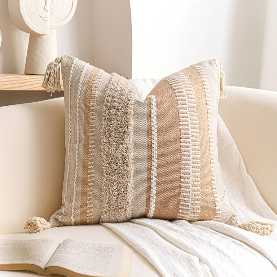 BlissBlush Decorative Throw Pillow Cover 20x20, Neutral Cream Boho Accent Pillowcase with Tufted ... | Amazon (US)