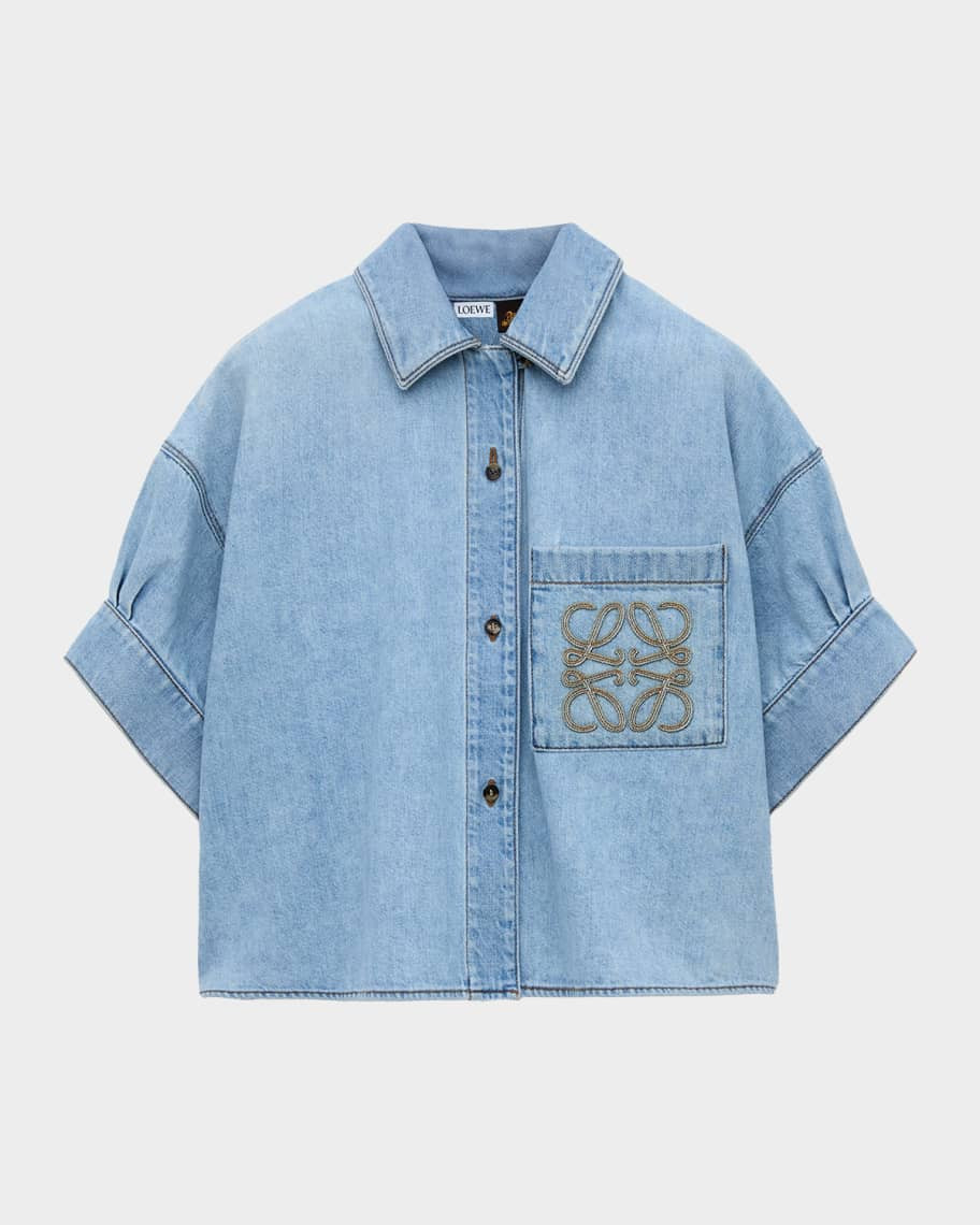 x Paula's Ibiza Denim Short-Sleeve Boxy Shirt | Neiman Marcus